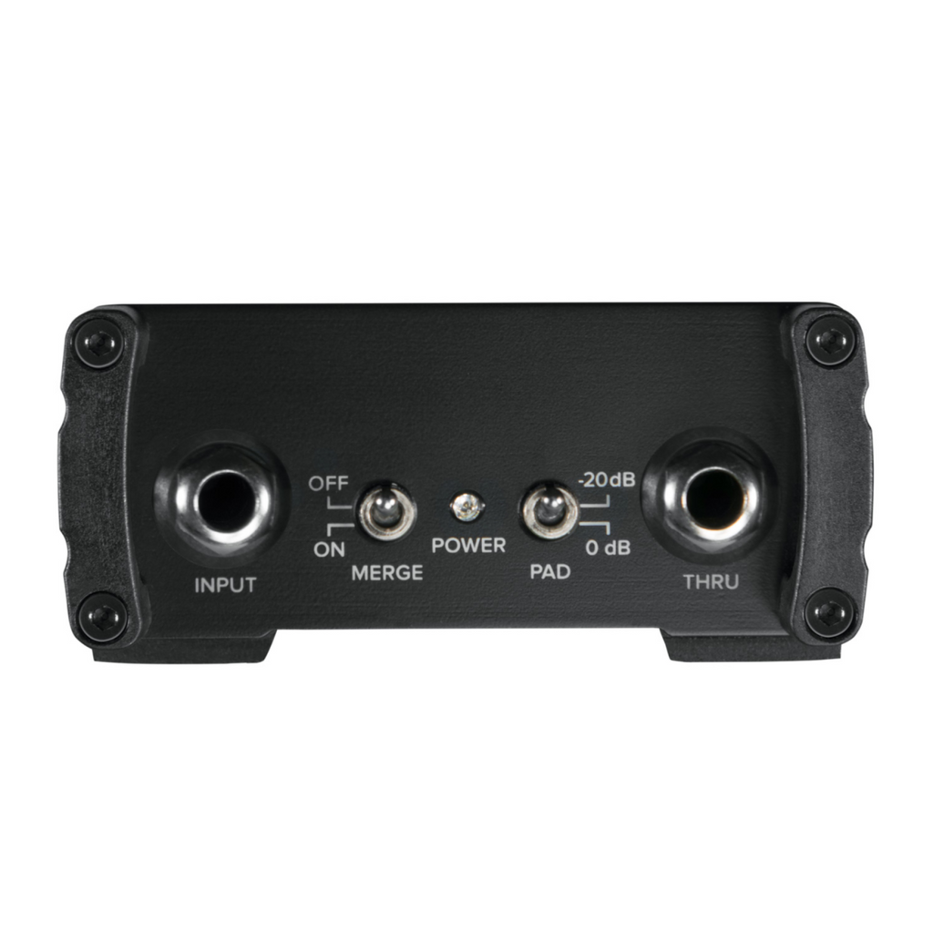Mackie MDB-1A active direct box for live outboard audio, featuring input and output connections and rugged metal construction.