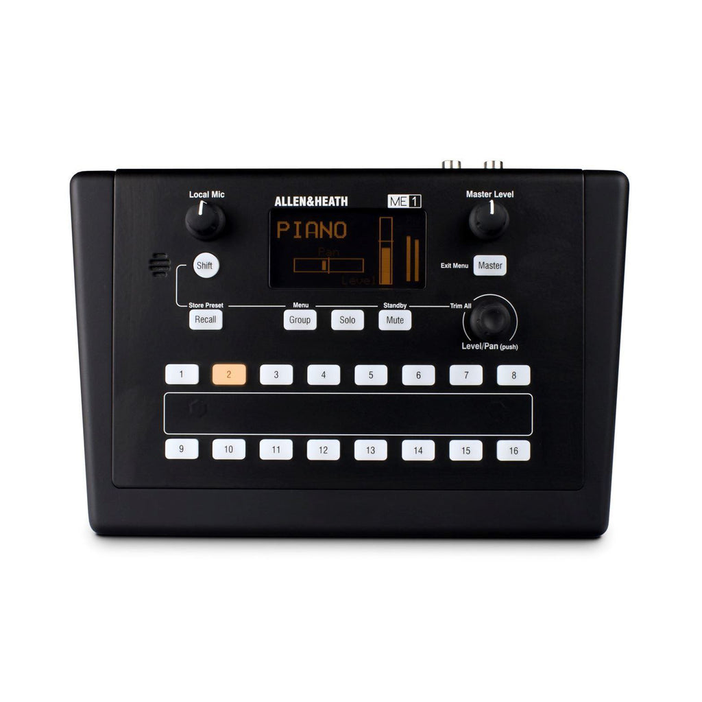 Allen & Heath ME-1 40-source digital personal mixer with multiple input channels and control knobs, compact and professional audio equipment.