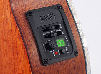 Mahalo ukulele pickup and EQ device shown from the side, designed for enhancing sound and amplification of ukuleles.