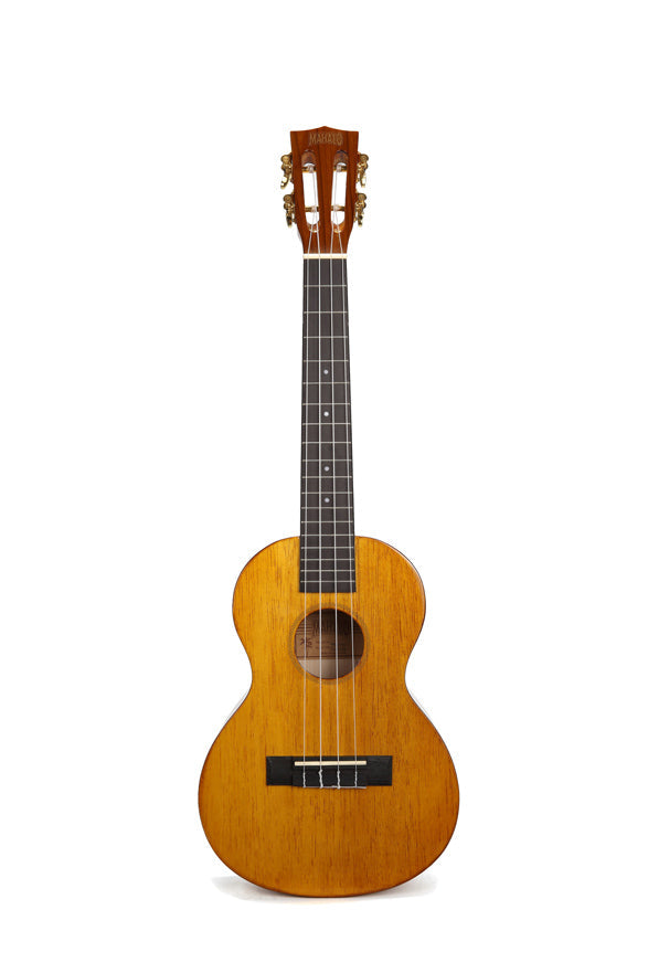 Mahalo Hano Series MH3 tenor ukulele in vintage natural finish, showing the wooden body and fretboard with tuning pegs.