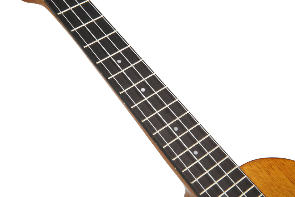 Mahalo Hano Series MH3 Tenor Ukulele in vintage natural finish, showing the neck and fretboard detail.