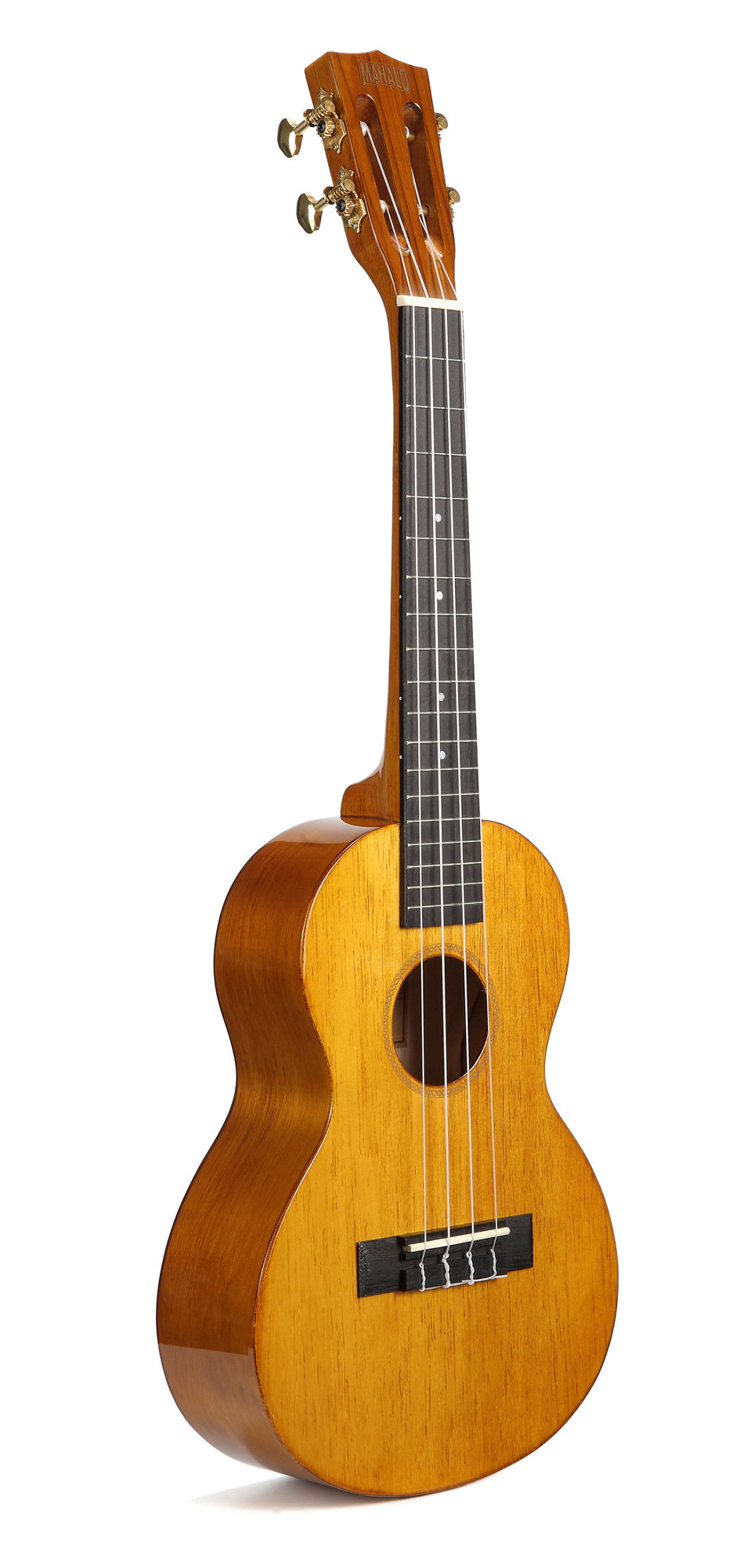 Mahalo Hano Series MH3 Tenor Ukulele in vintage natural wood finish, showing the front view with strings and tuning pegs.