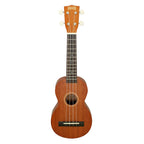 Mahalo MJ1TBR Java Series soprano ukulele in brown with wooden body and nylon strings, showing its compact, lightweight design.