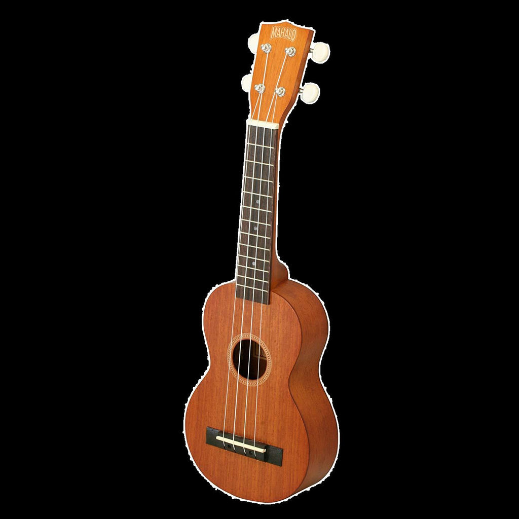 Mahalo MJ1TBR Java Series soprano ukulele with brown finish, showing the body and fretboard in a close-up shot.