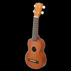 Mahalo MJ1TBR Java Series soprano ukulele with brown finish, showing the body and fretboard in a close-up shot.
