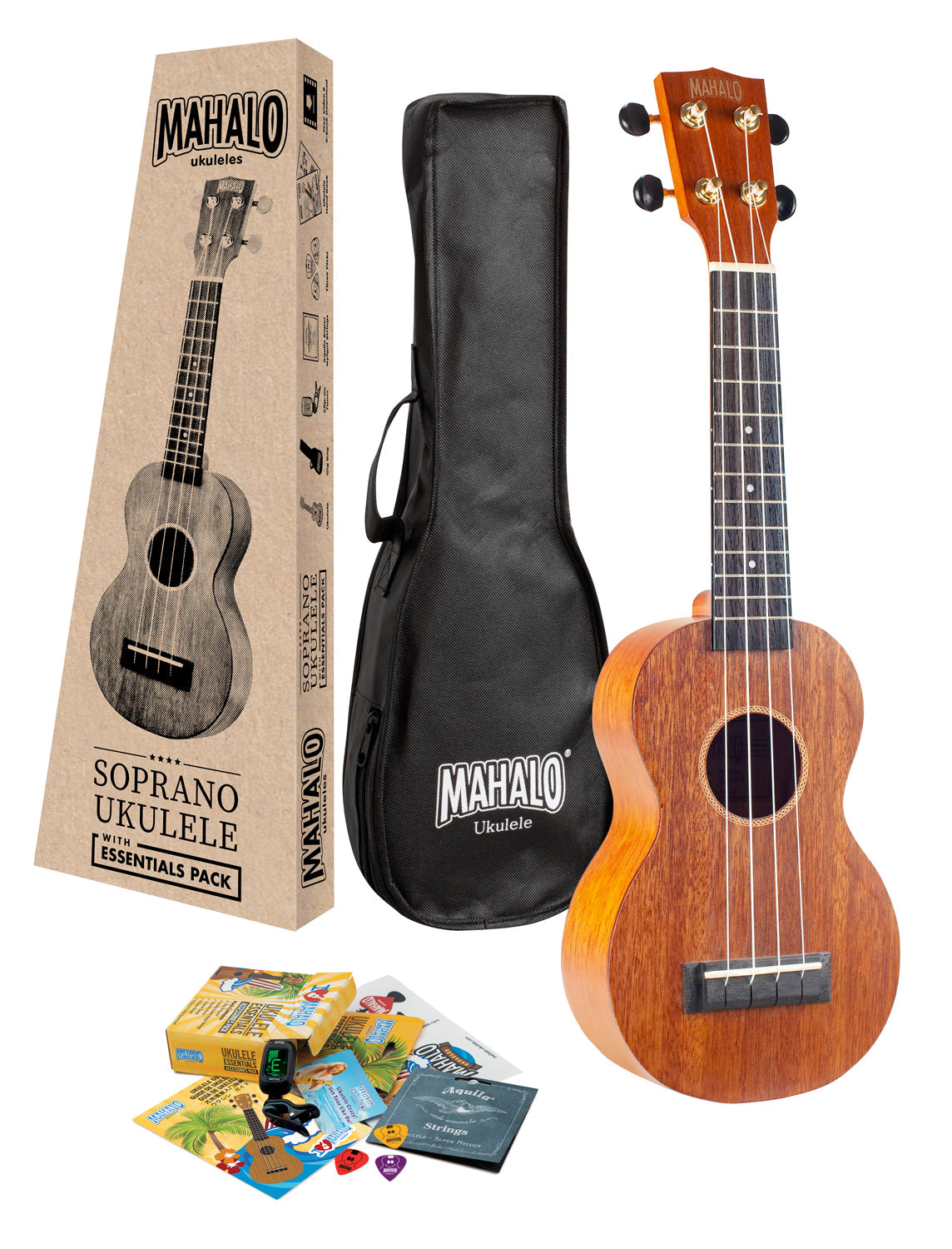 Mahalo MJ1TBRK Java Series Soprano Ukulele with Essentials Accessory Pack in Transparent Brown
