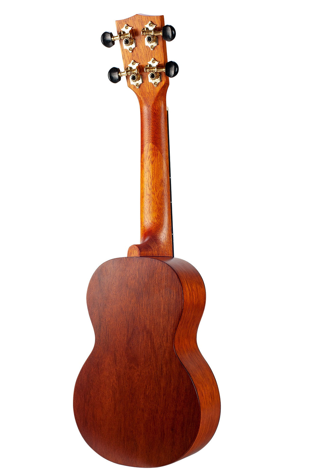 Mahalo MJ1TBR Java Series soprano ukulele in brown, showing the back and left side of the instrument.