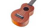Mahalo MJ1TBR Java Series soprano ukulele with brown finish, showing the body and wood grain details.