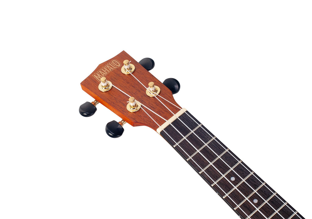 Mahalo MJ1TBR Java Series soprano ukulele headstock with tuning pegs and mahogany finish in brown.