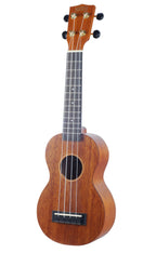 Mahalo MJ1TBR Java Series soprano ukulele in brown, showing the body and fretboard from a side angle.