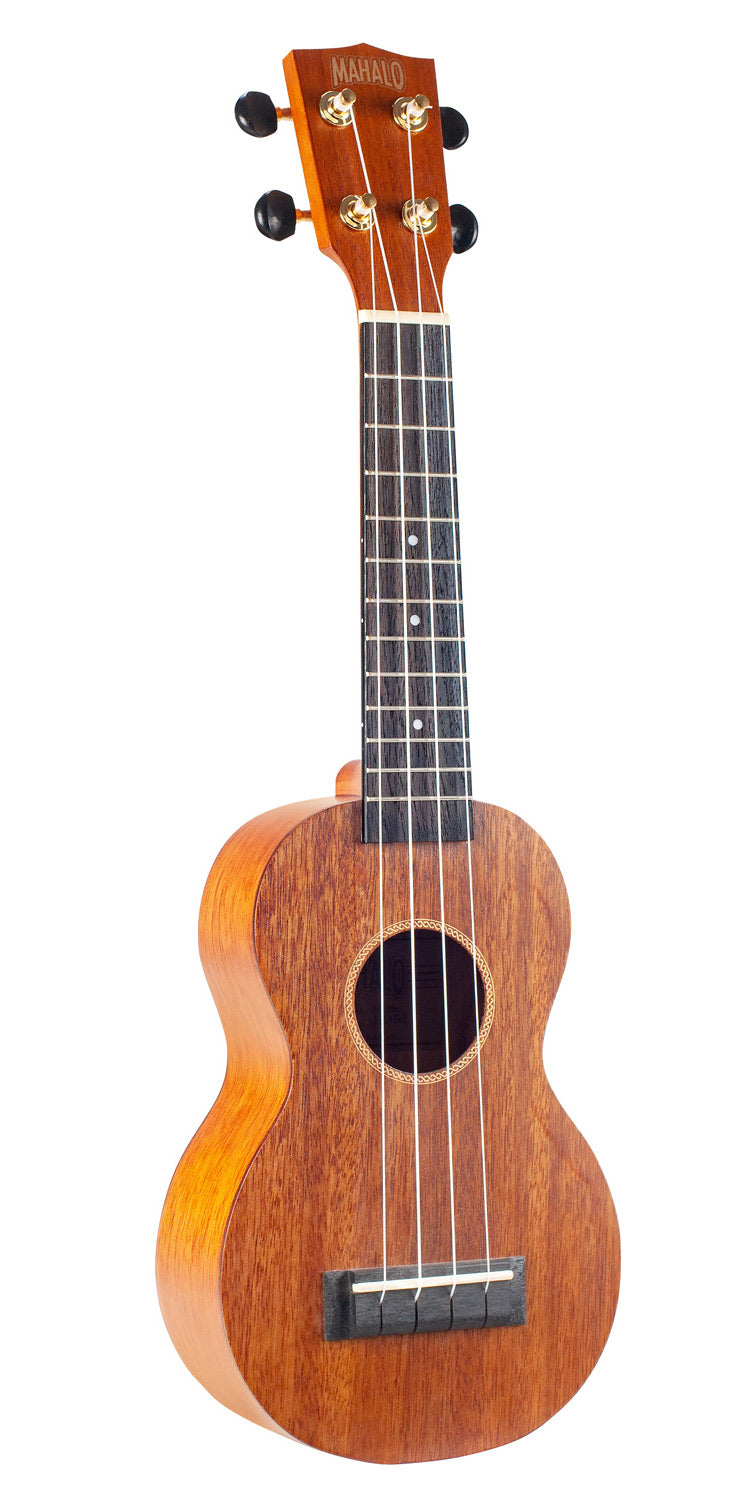 Mahalo MJ1TBR Java Series soprano ukulele in brown with a smooth wooden finish, shown from the right side.