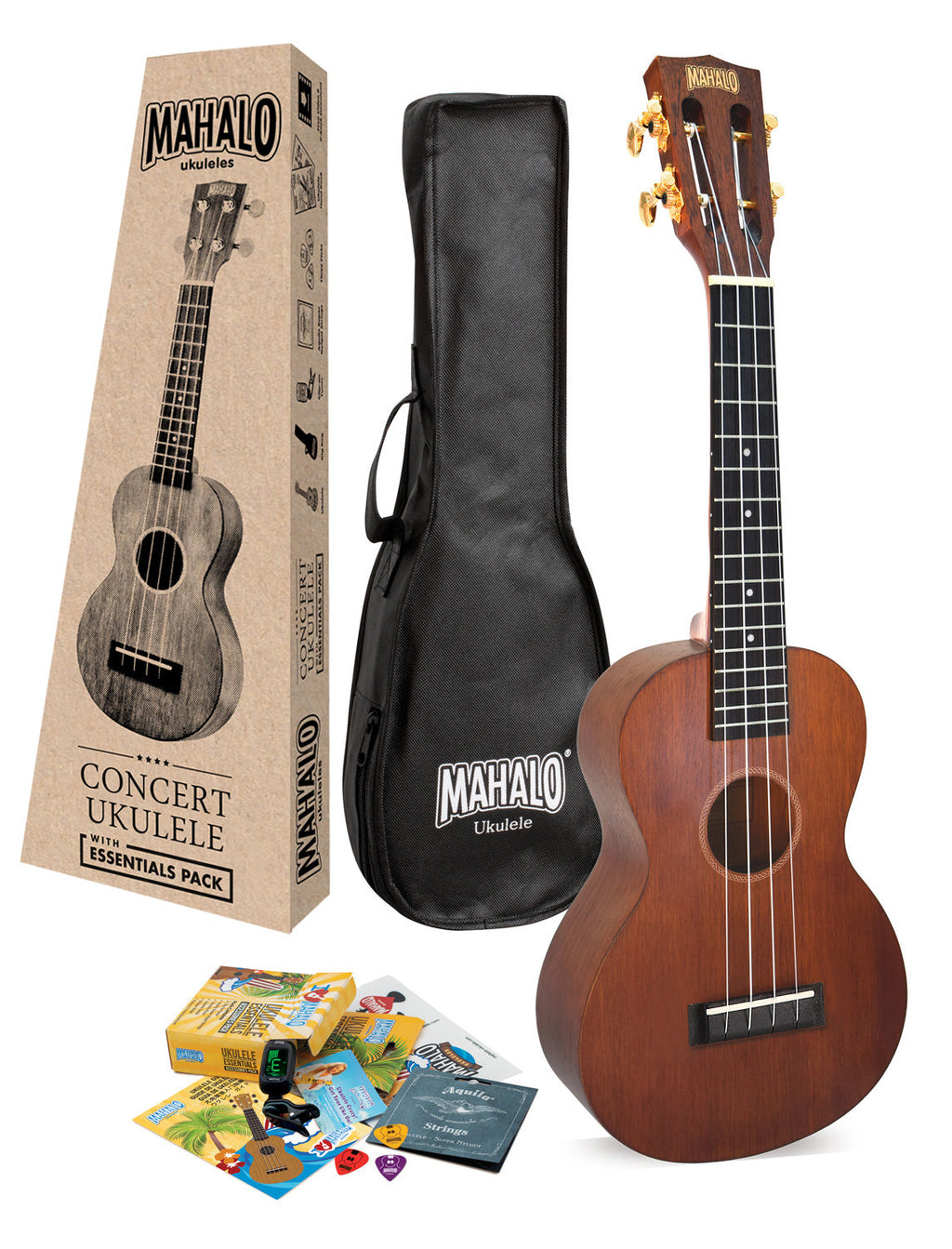 Mahalo MJ2TBRK Java Series Concert Ukulele with Essentials Accessory Pack in Transparent Brown