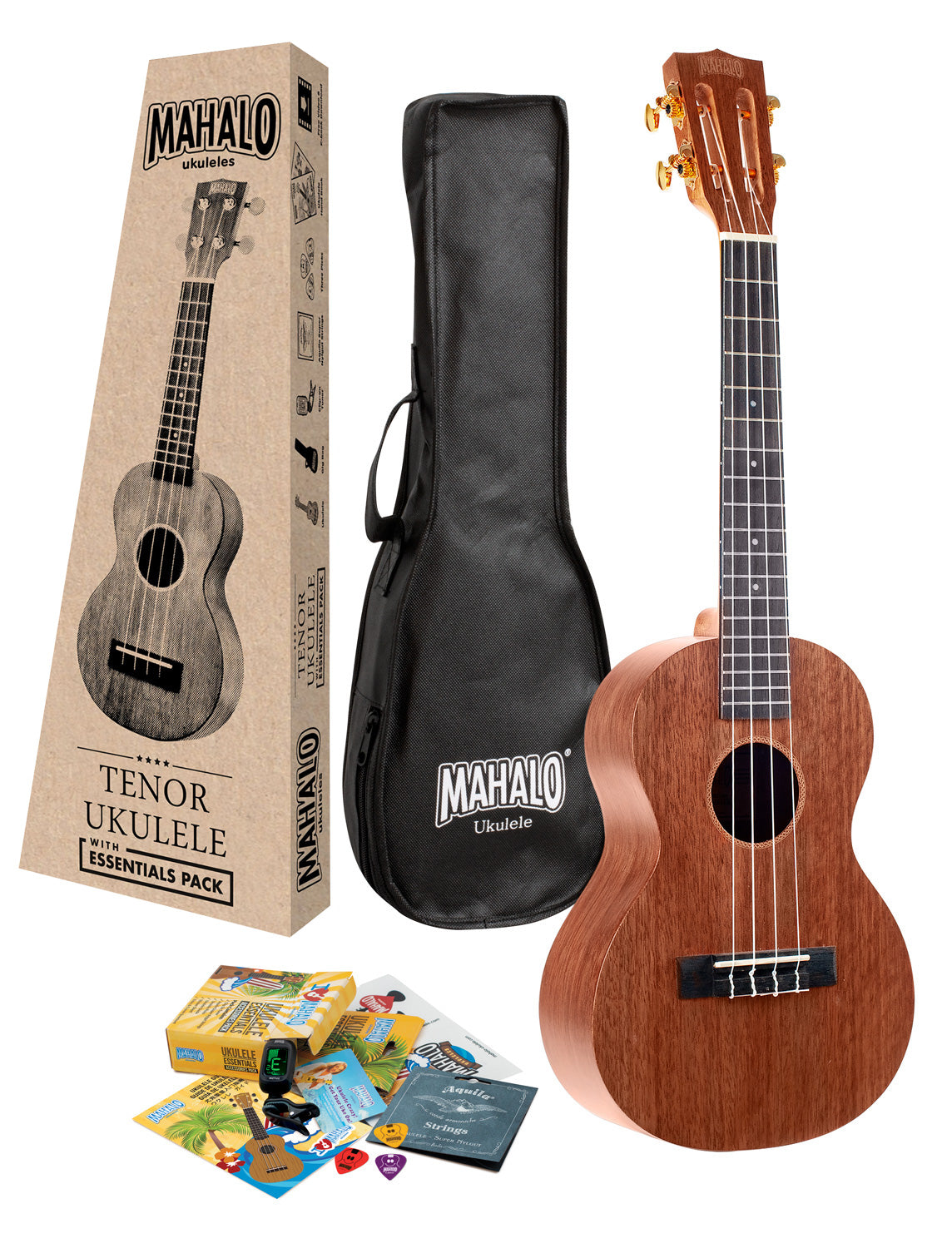 Mahalo MJ3TBRK Java Series Tenor Ukulele with Essentials Accessory Pack in Transparent Brown