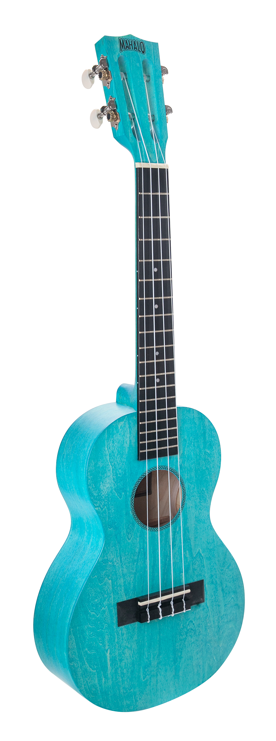 Mahalo Island Series tenor ukulele in aqua blue, showing the body and neck of the Mahalo ukulele on a white background.