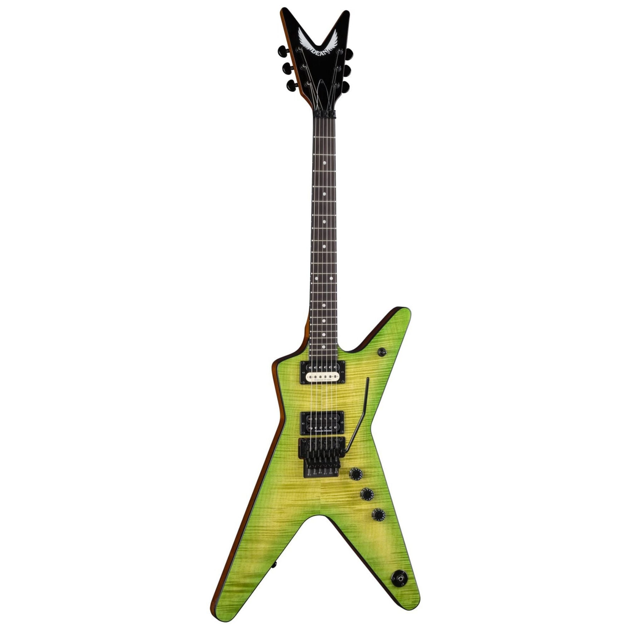Dean ML79 electric guitar with Floyd Rose tremolo, slim body, and vibrant slime green finish, showcasing the iconic design.