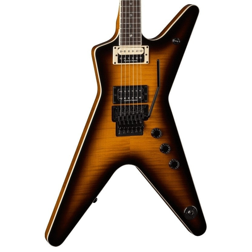 Dean ML79 Flame Maple electric guitar with Floyd Rose tremolo in Trans Brazilia finish, featuring a sleek body and maple top.