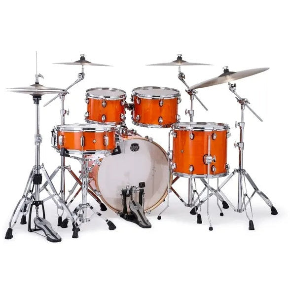 Mapex Mars Maple 20 Fusion drum shell pack in glossy amber finish, featuring four drums with hardware and drumheads.