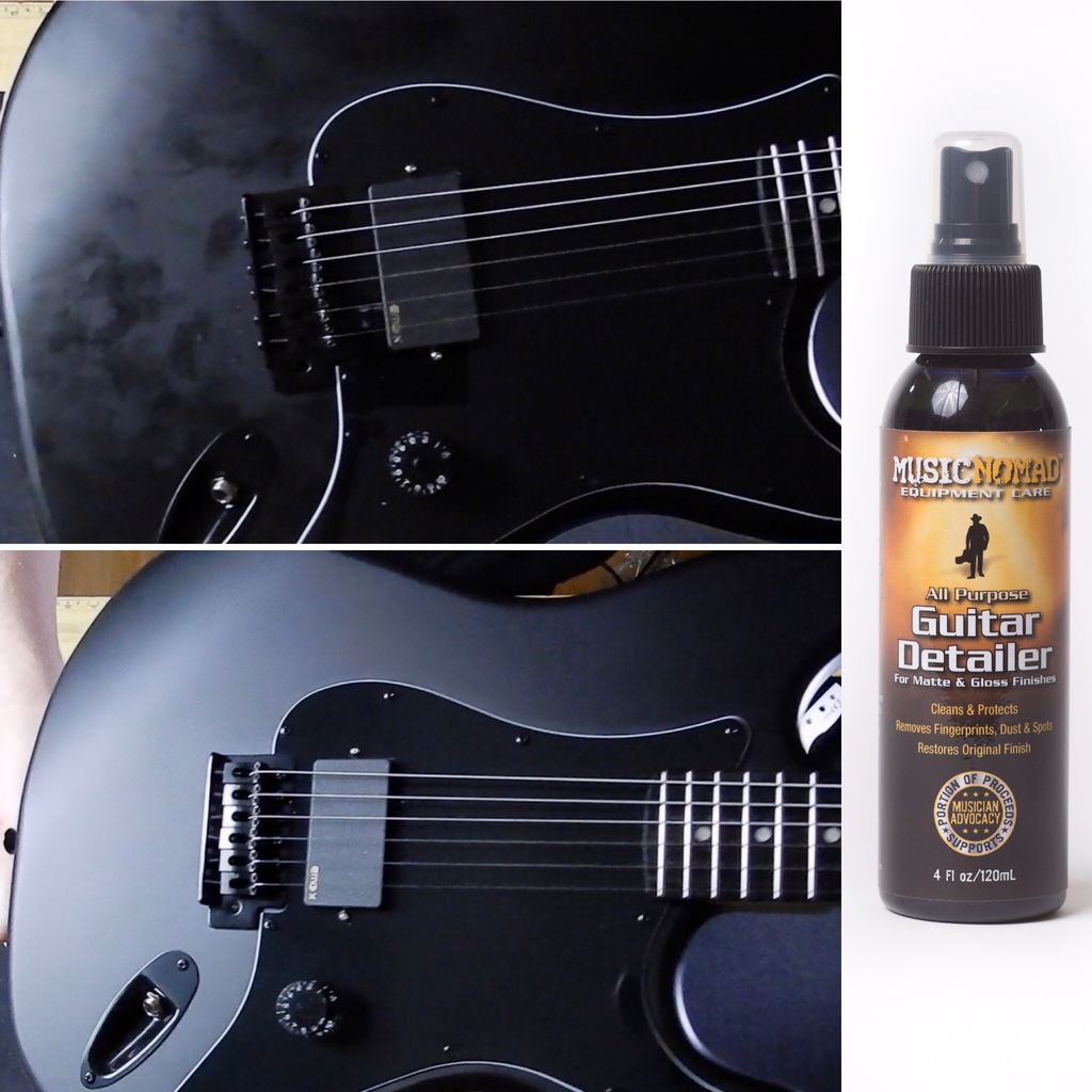 Music Nomad MN100 Guitar Detailer bottle showing cleaning solution for guitar maintenance and care.