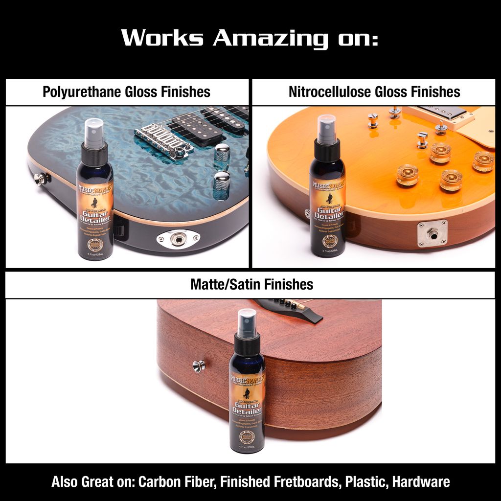 Music Nomad MN100 Guitar Detailer bottle showing cleaning solution for guitar maintenance and polishing accessories.