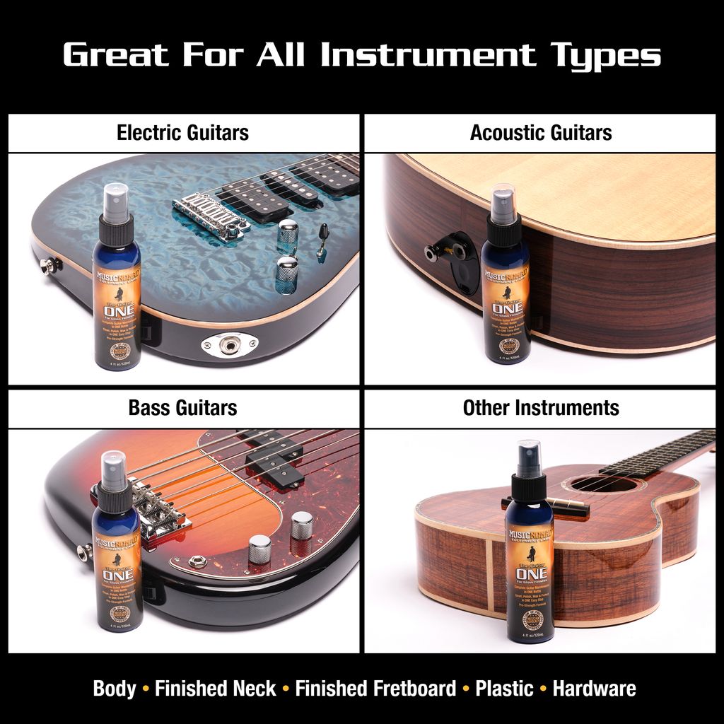 Music Nomad MN103 Guitar One Cleaner bottle with guitar cleaning accessories, designed for maintaining and cleaning guitars.