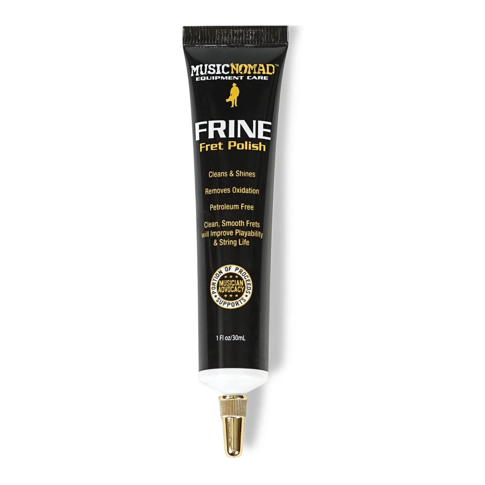 Music Nomad MN104 Frine Fret Polish for guitar fret cleaning and polishing, with a close-up of the product bottle and applicator.