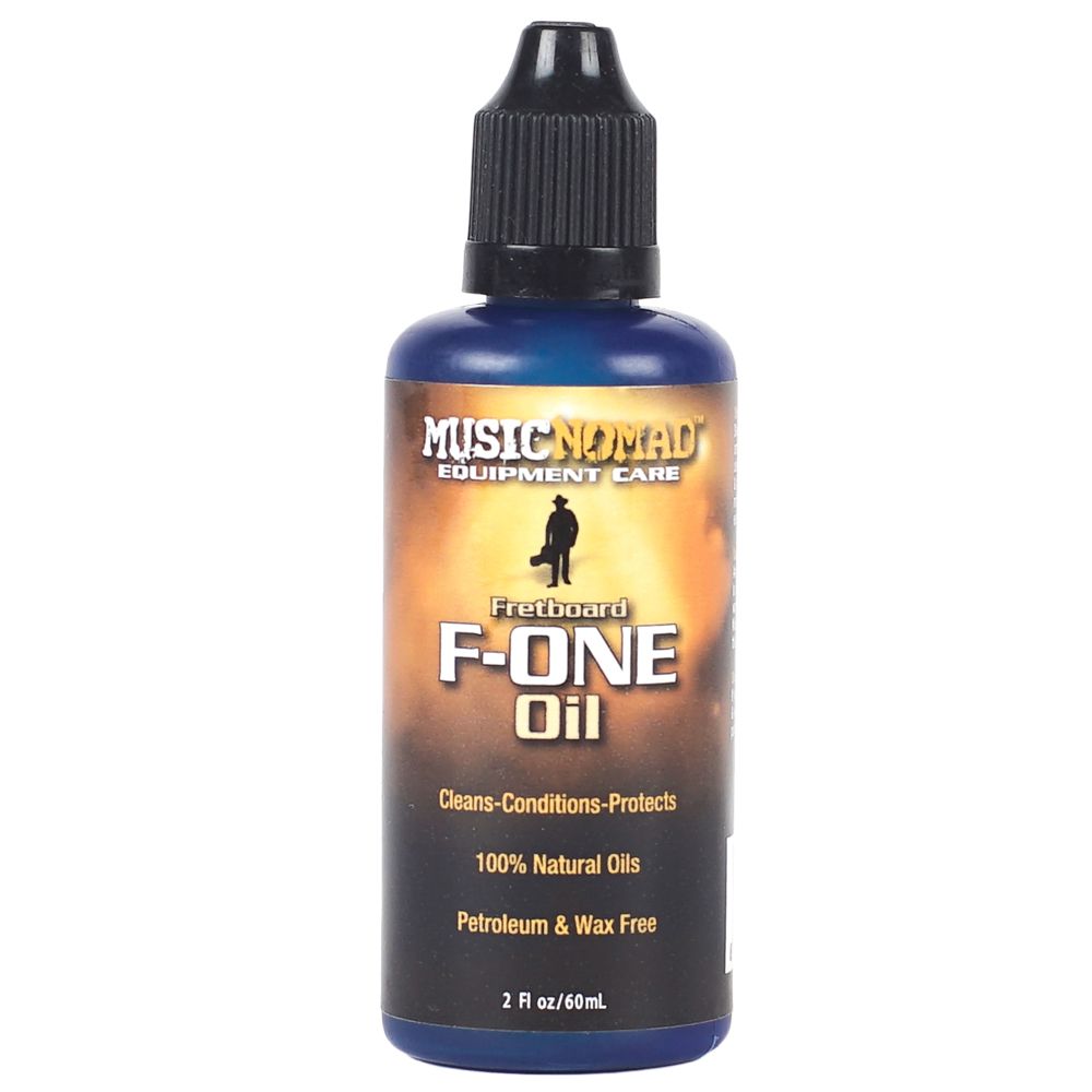 Music Nomad MN105 F-One Oil for guitar fretboards, natural wood finish, in a bottle with a dropper cap. Guitar accessory.