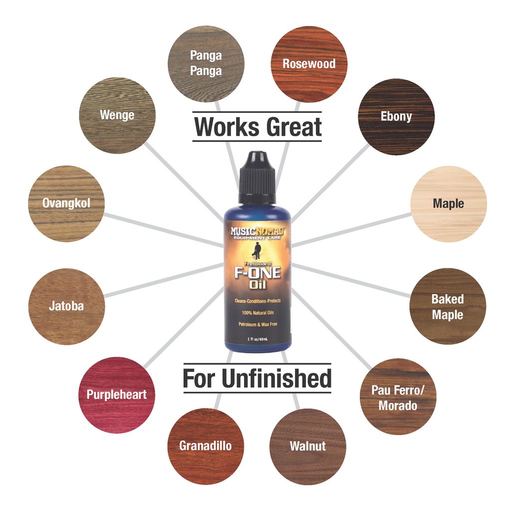 Music Nomad MN105 Fretboard F-One Oil for guitar fretboard cleaning and conditioning, shown in a small bottle with applicator.