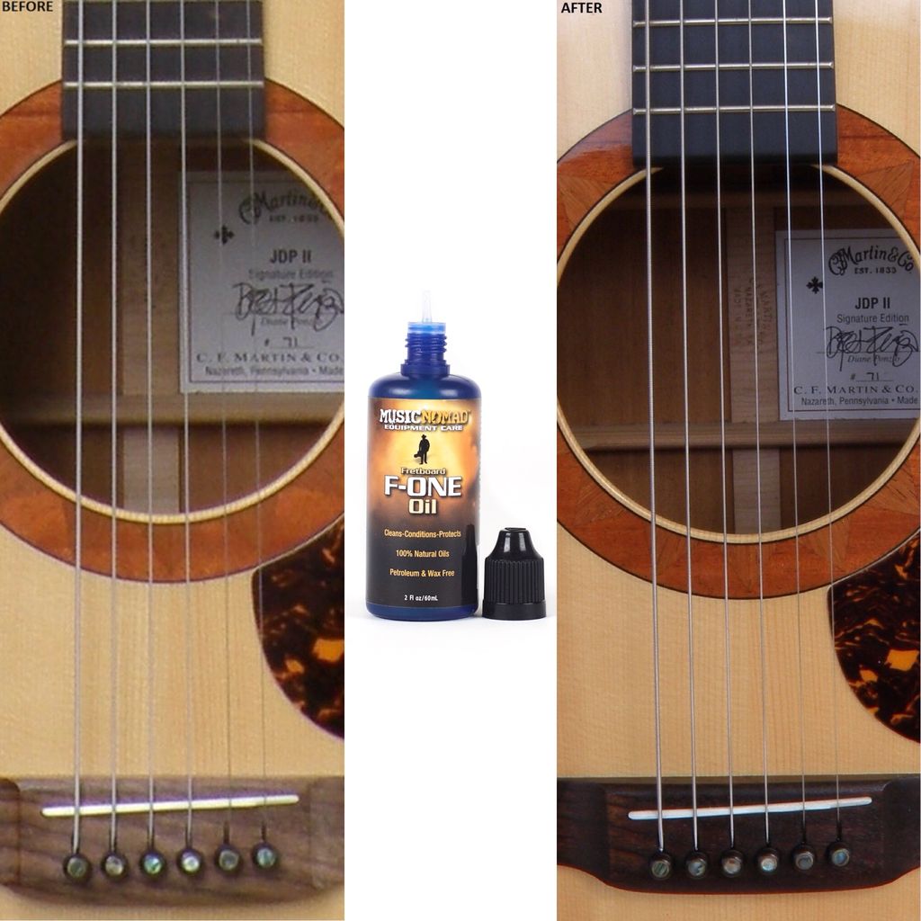 Music Nomad MN105 Fretboard F-One Oil for guitar fretboards, featuring a bottle of cleaning and conditioning product.