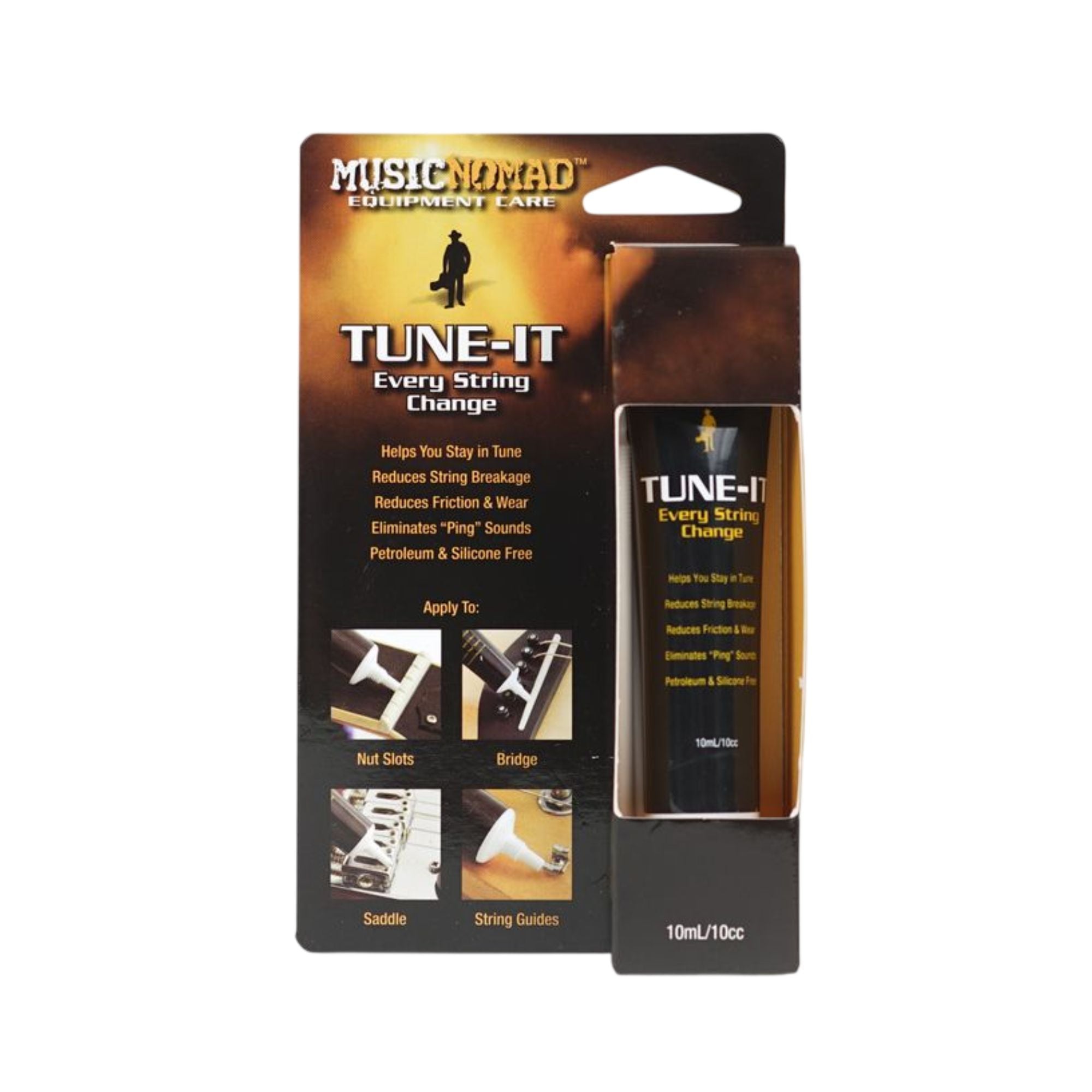 Music Nomad MN106 Tune It lubricant bottle for guitar tuning and maintenance, with a clear label and applicator tip.