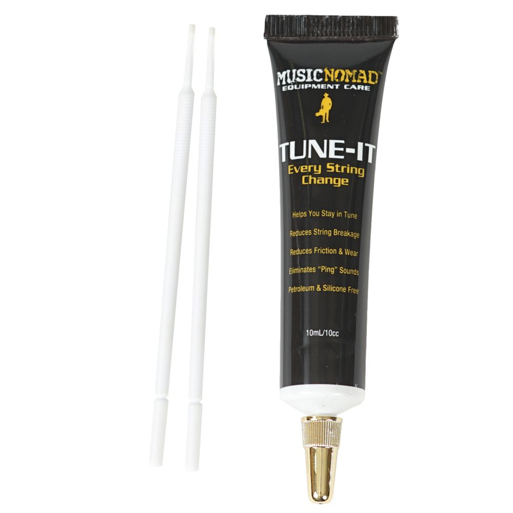 Music Nomad MN106 Tune It Lubricant for guitar tuning and maintenance, shown in a small bottle with a white cap.