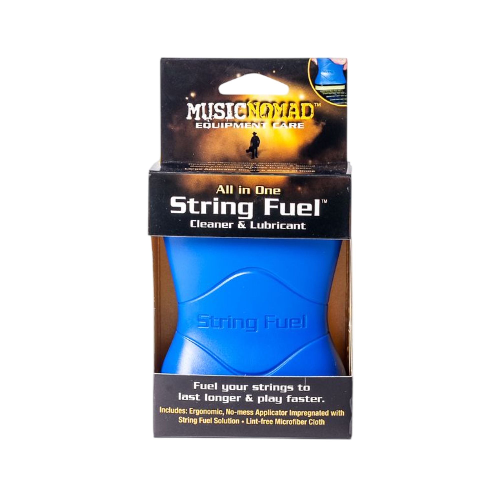 Music Nomad MN109 String Fuel guitar string cleaner and lubricant in a small bottle with a dropper cap.