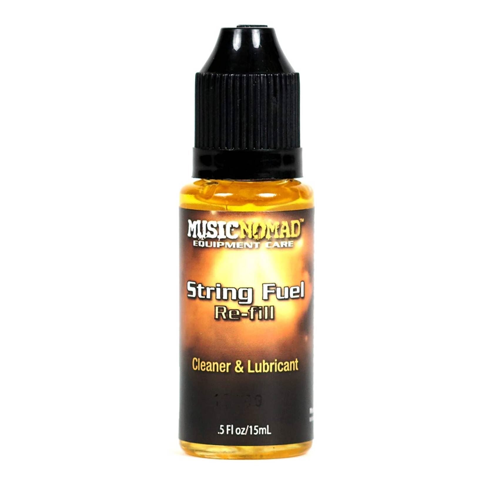 Music Nomad MN120 String Fuel Refill for guitar accessories, showing a close-up of the refill bottle with branding and product details.