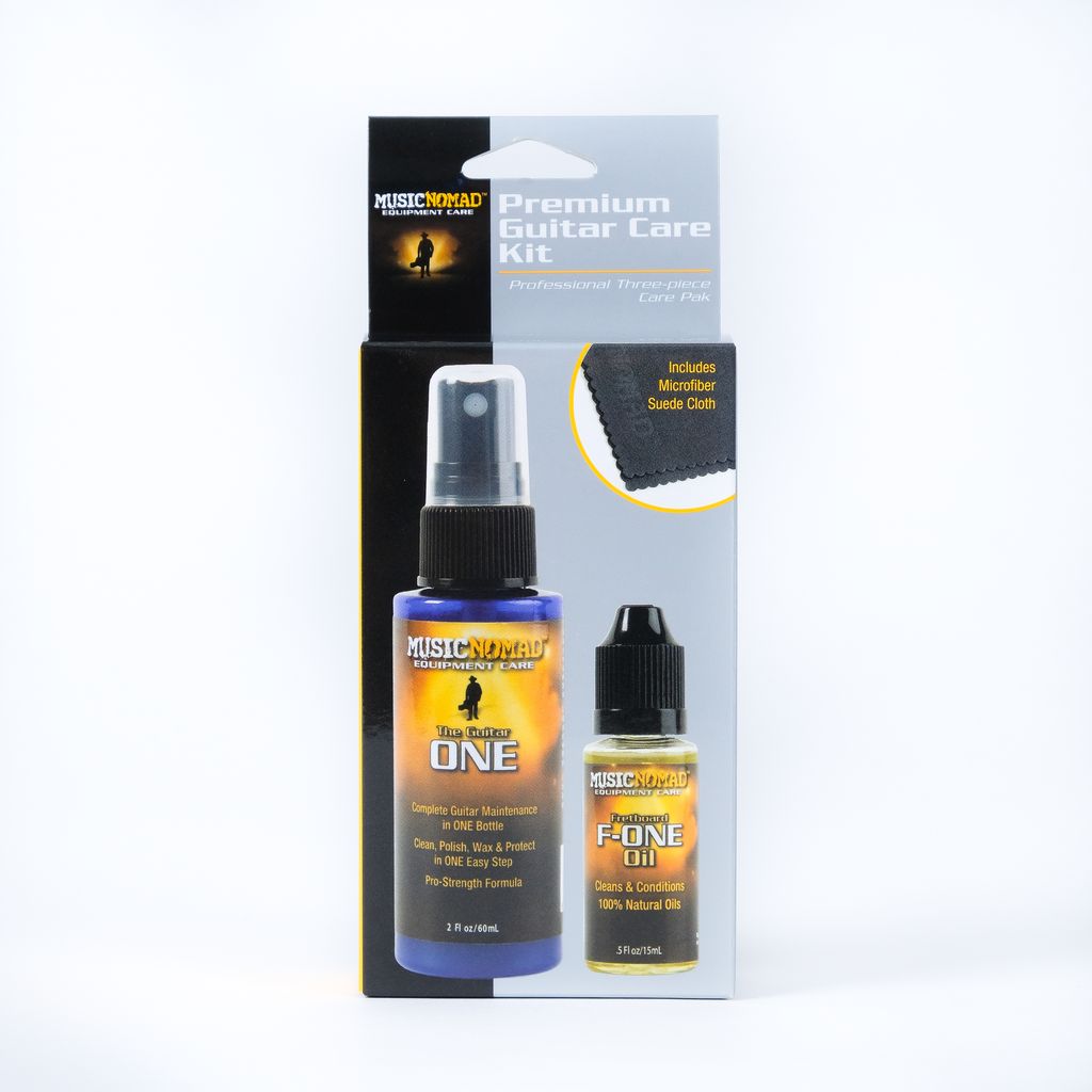 Music Nomad MN140 Premium Guitar Care Kit with three guitar cleaning and maintenance accessories in a compact package.