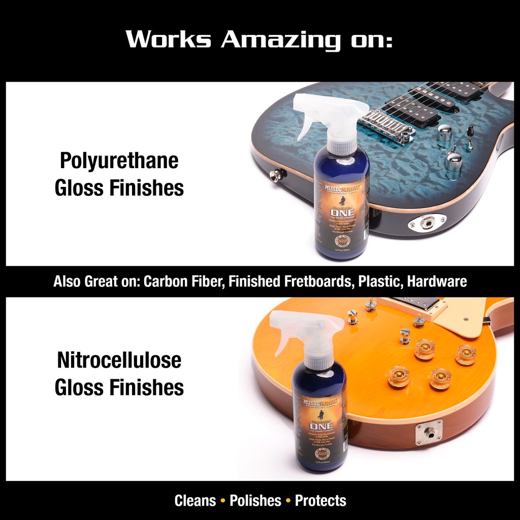 Music Nomad MN150 All-In-One Guitar Cleaner, Polish, and Wax in 360ml bottle with a guitar cleaning cloth.