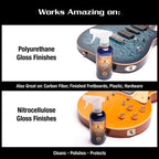 Music Nomad MN150 All-In-One Guitar Cleaner, Polish, and Wax in 360ml bottle with a guitar cleaning cloth.