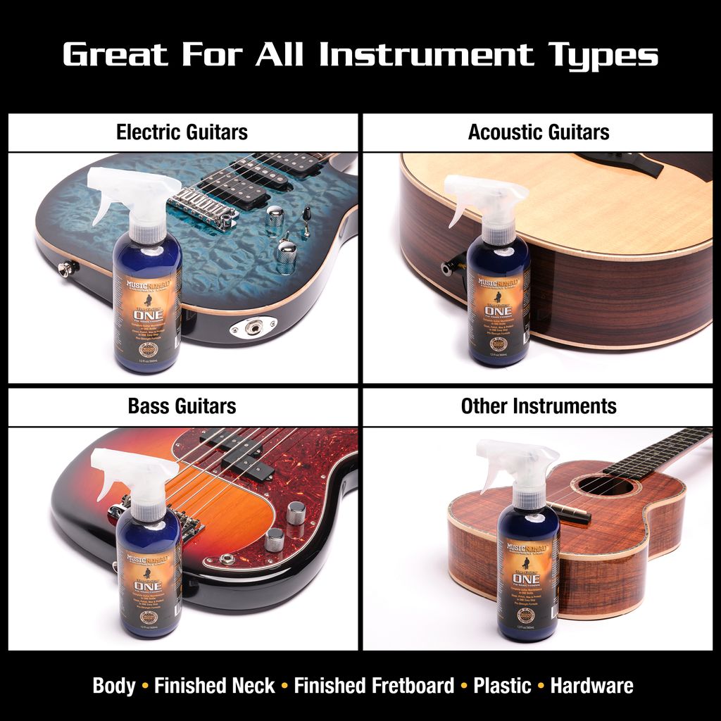 Music Nomad MN150 All-In-One Guitar Cleaner, Polish & Wax in 360ml bottle, featuring a guitar care product with cleaning and polishing capabilities.
