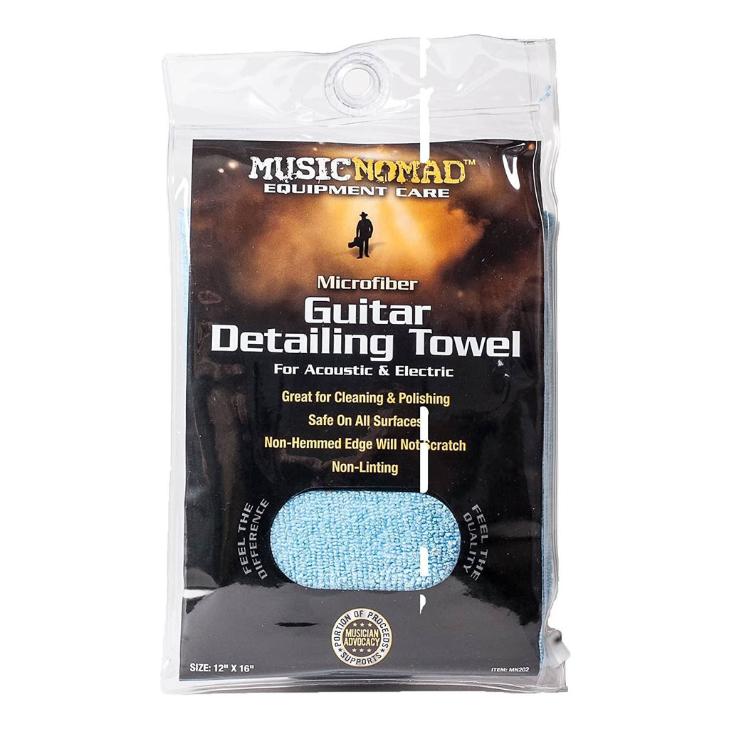 Music Nomad MN202 microfiber guitar detailing towel lying on a guitar, designed for cleaning and polishing musical instrument surfaces.