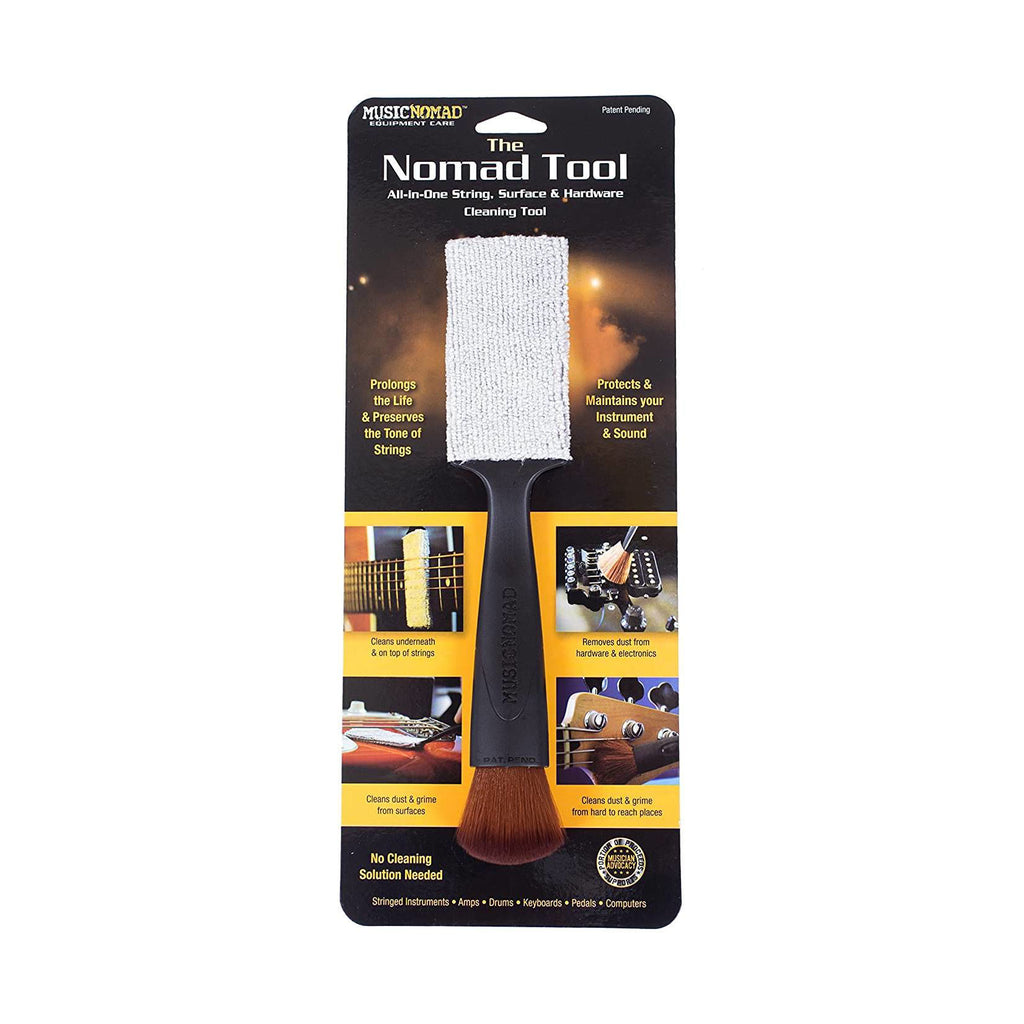 Music Nomad MN205 all-in-one guitar string, surface, and hardware cleaning tool showing its compact design and cleaning brushes.