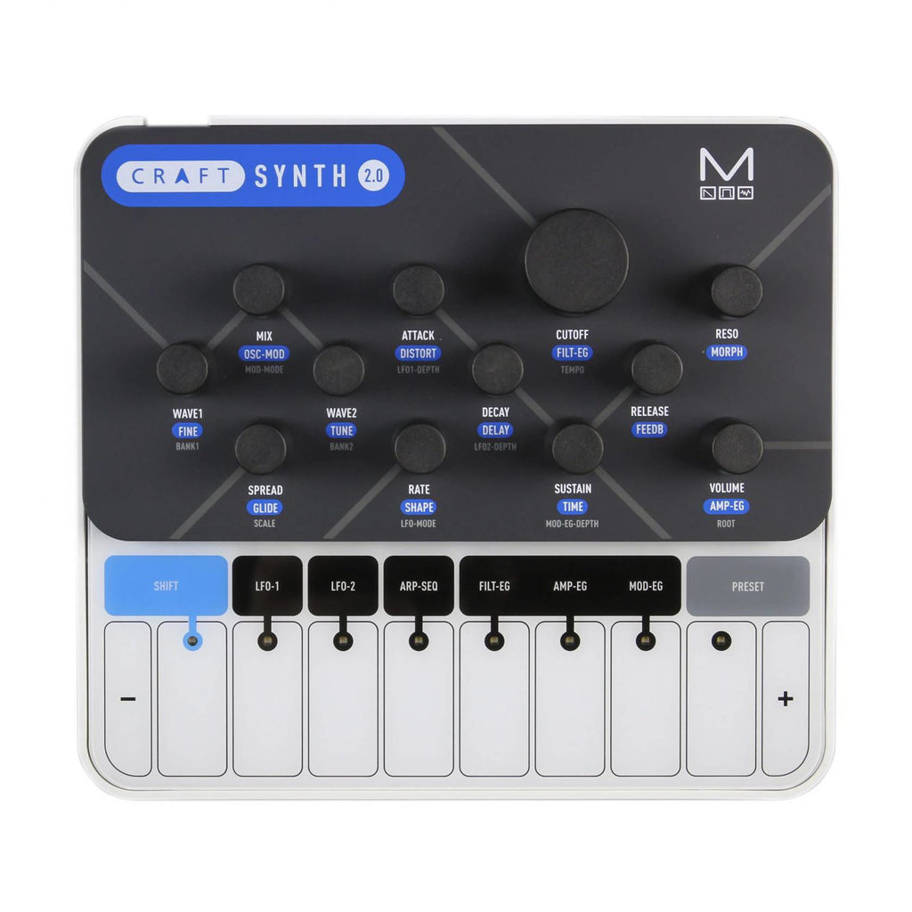Modal Electronics Craft Monophonic Synth Module mounted in a synthesizer rack with controls and patch points.