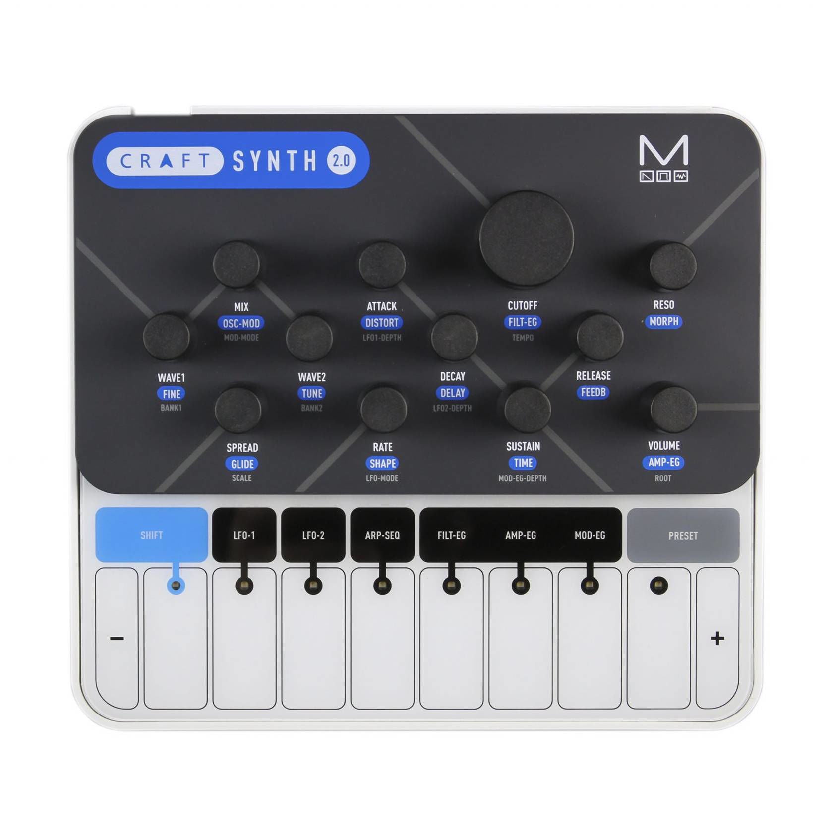 Modal Electronics Craft Monophonic Synth Module mounted in a synthesizer rack with controls and patch points.