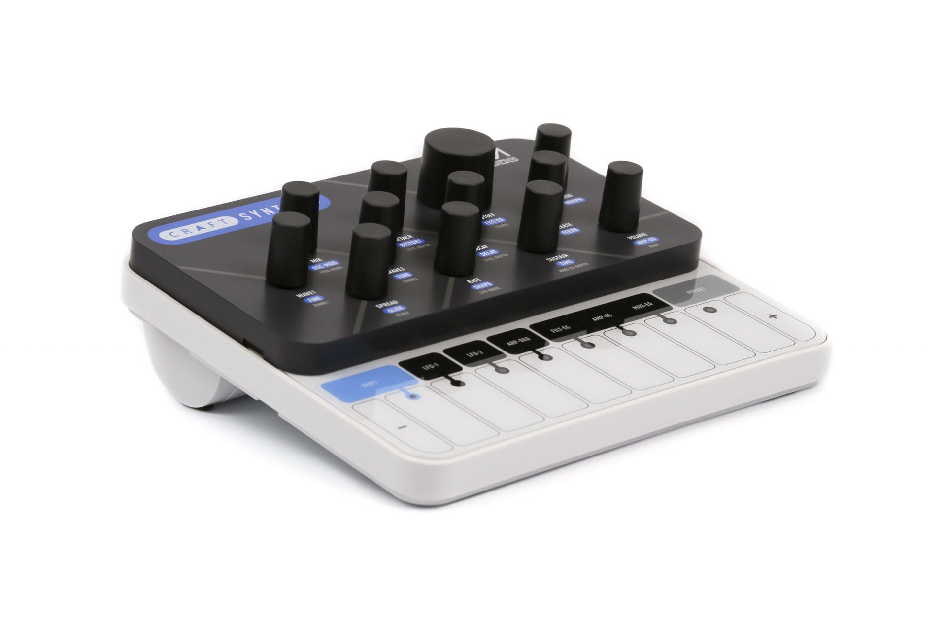 Modal Electronics Craft Monophonic Synth Module mounted in a synthesizer rack with control knobs and patch points.