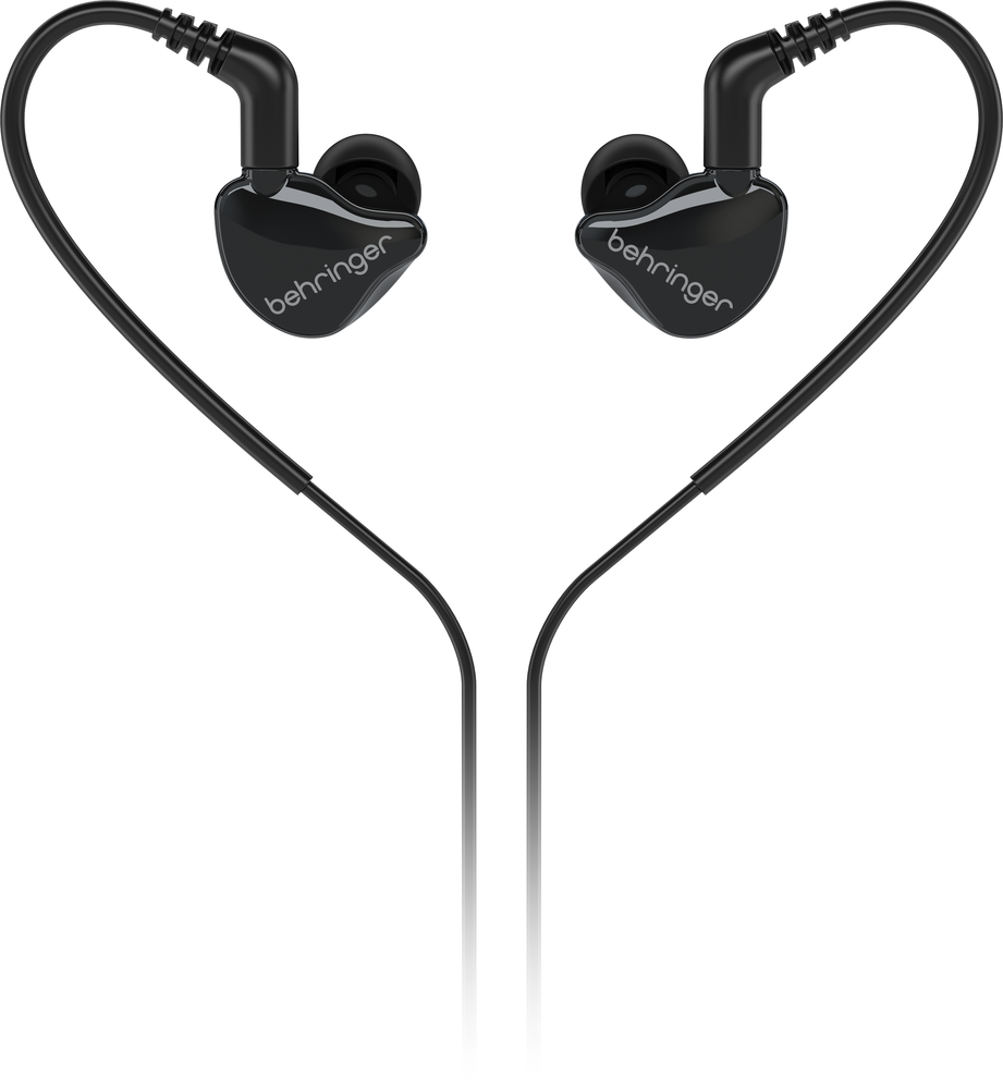 Behringer MO240-CK Pro in-ear studio headphones in black with ear tips and cable on a white background.