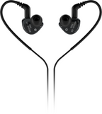 Behringer MO240-CK Pro in-ear studio headphones in black with ear tips and inline microphone for professional audio monitoring.