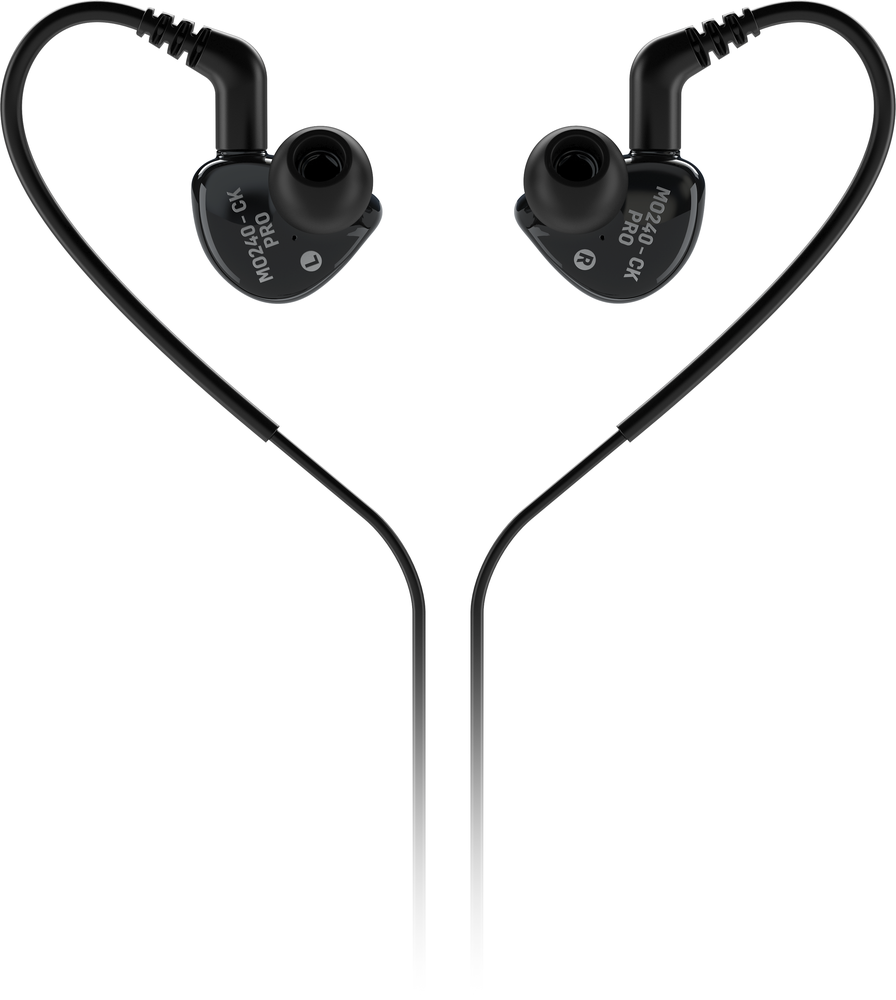Behringer MO240-CK Pro in-ear studio headphones in black with ear tips and inline microphone for professional audio monitoring.