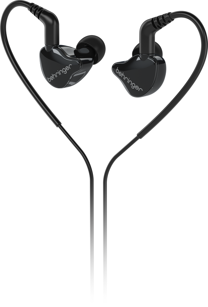 Behringer MO240-CK Pro in-ear studio headphones in black with ear tips and cable, designed for professional audio monitoring.