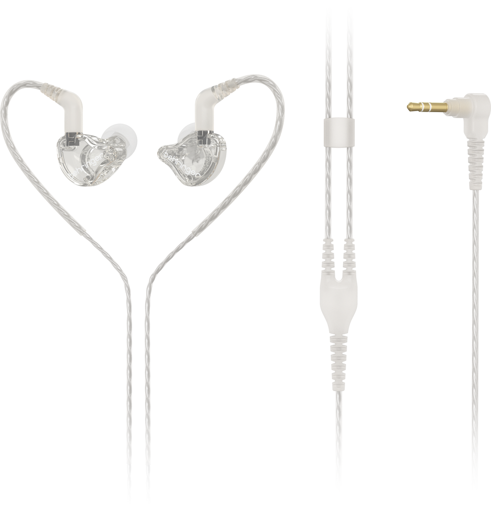 Behringer MO240-CL Pro in-ear studio earphones with clear earbuds and inline microphone for professional audio monitoring.