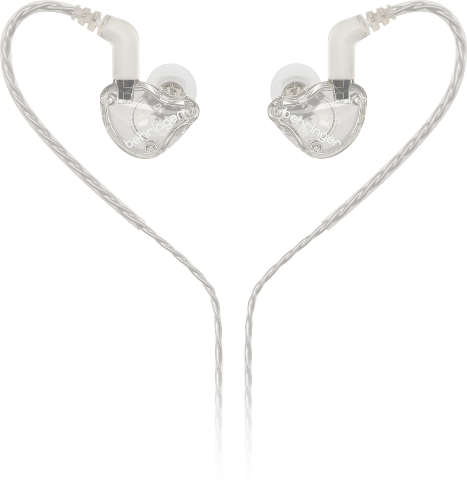 Behringer MO240-CL Pro in-ear studio headphones with clear ear tips, designed for accurate sound monitoring.