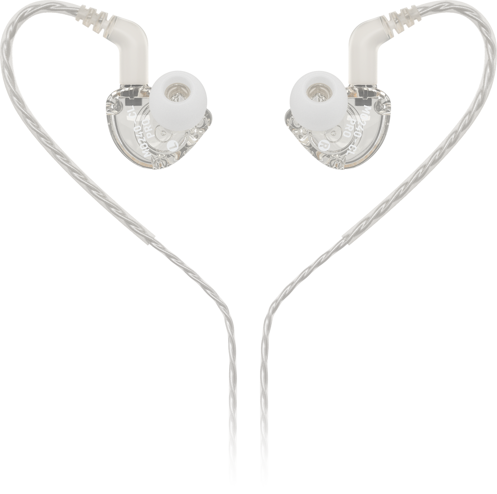 Behringer MO240-CL Pro in-ear studio earphones with clear ear tips, designed for professional audio monitoring and sound clarity