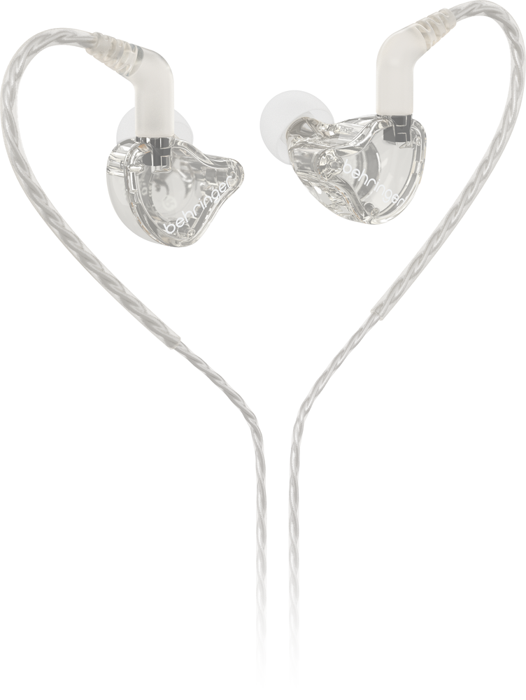 Behringer MO240-CL Pro In-Ear Studio Earphones with clear earbuds and cable, designed for professional audio monitoring.