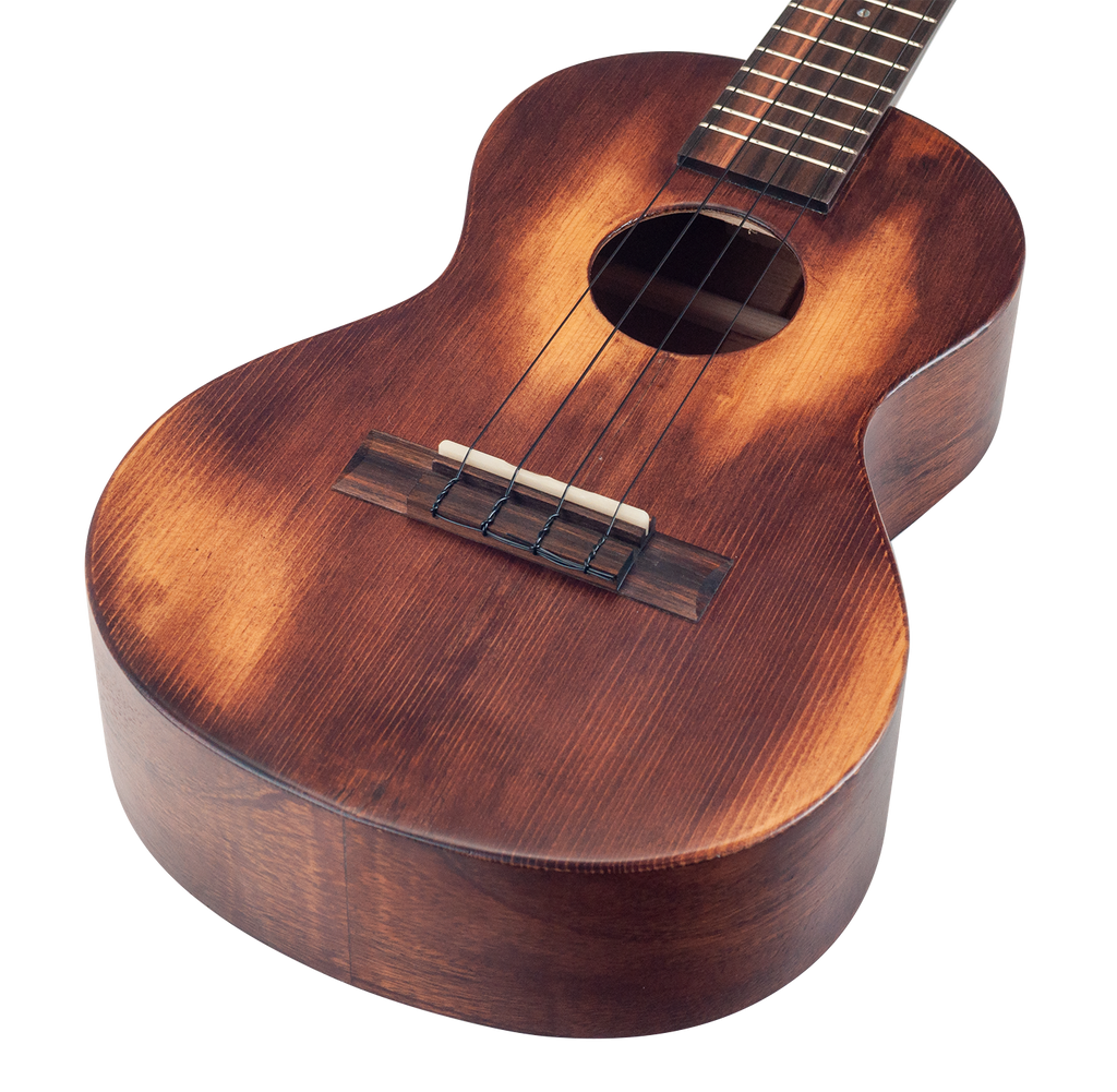 Mahalo Historic Series Tenor Ukulele with wooden body, four strings, and decorative fretboard in natural finish.